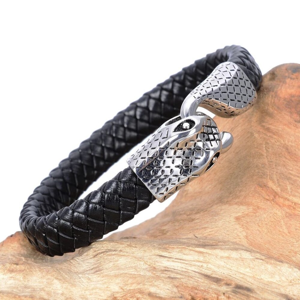 Men's Stainless Steel Snake Black Braided Leather Bangle Bracelet